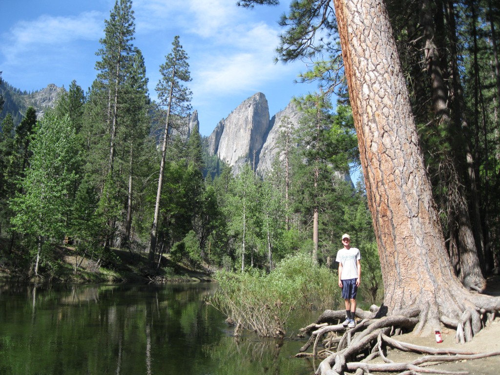 Andrew by the Merced River with Cathedral Rocks in the background.