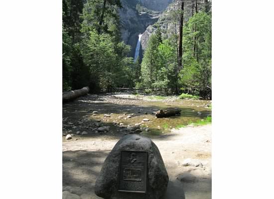 A view from the bench of Yosemite Falls and Yosemite Creek.  The rock marks the spot where John Muir had a small cabin.